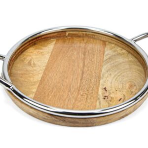 Drveni okrugli poslužavnik s metalnim obručem i ručkama