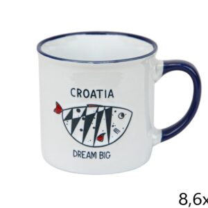 Bijelo-plava keramička šalica s ribom i natpisom, Croatia