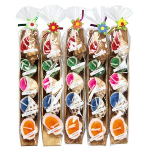 Mirisne svijeće mix školjke u drvenom kajaku, narančasta lepeza (SET 5 pak.)