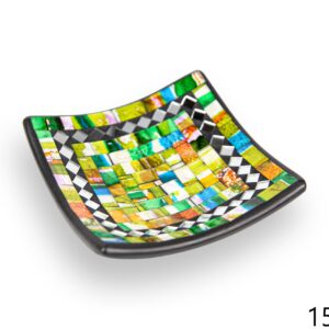 Crna zdjela sa zeleno-žutima stakalcima i zrcalnim rombovima, 15cm