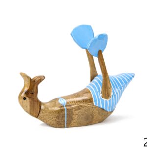 Drvena ležeća patka s plavim kupaćim, držač za bocu, manja