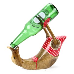 Drvena ležeća patka sa crvenim kupaćim, držač za bocu, manja