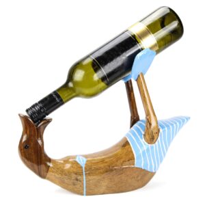 Drvena ležeća patka s plavim kupaćim, držač za bocu, veća