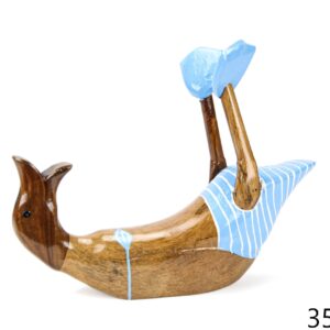 Drvena ležeća patka s plavim kupaćim, držač za bocu, veća