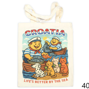 Bijela tote torba s ribarima koji prodaju ribu, Croatia